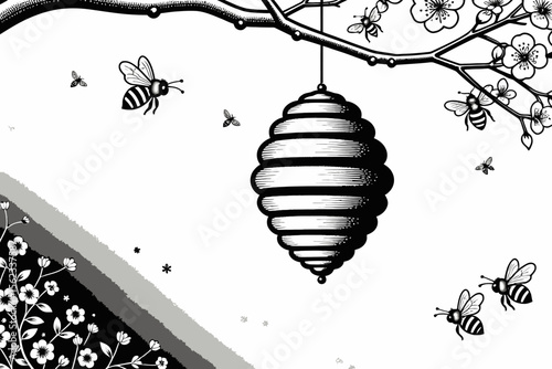 Beehive Art Illustration-Black and White Bees Around Honeycomb-Floral Branch with Blossoms-Minimalist Nature Design-Serene Spring Scene