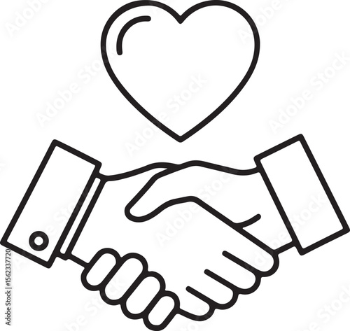 A black-and-white illustration shows two hands shaking under a heart symbol.
