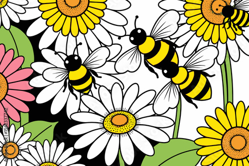 Bees and Blossoms- Illustrated Bees on Daisies- Springtime Floral Pattern- Yellow and Black Bees- White Daisies- Nature Inspired Art- Pollinators and Flowers