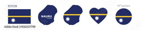 Nauru flag and map set. Nauru flag in official colors and proportions. independence day 31 january , map, circle and heart shaped nauru	