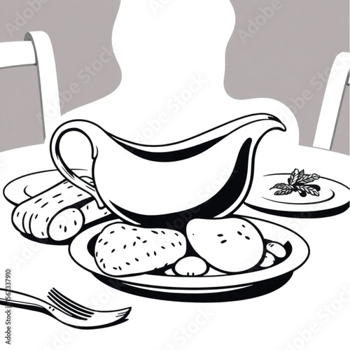 A ceramic gravy boat on a roast dinner table