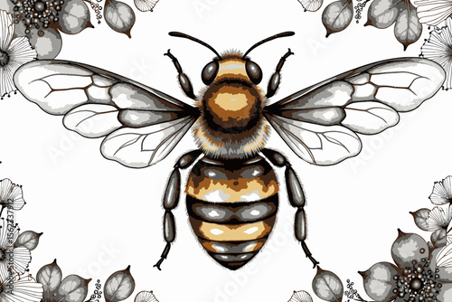 Detailed Bee Illustration-Honeybee with Floral Border-Black and White Drawing with Honeycomb Pattern-Artistic Nature Print-Flying Insect Artwork