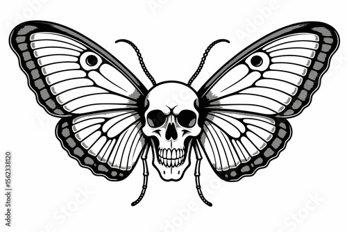 Skull Butterfly Tattoo Design-Monochrome Illustration of Mortality & Transformation-Unique Gothic Art for Prints and Digital Projects