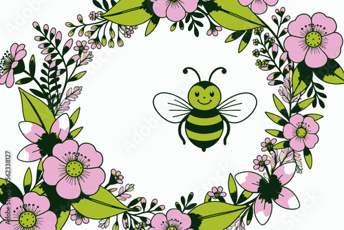 Watercolor Floral Wreath with Cute Bee Illustration-Spring Flower Arrangement with Smiling Bee-Hand Painted Floral Frame for Cards-Nursery Art
