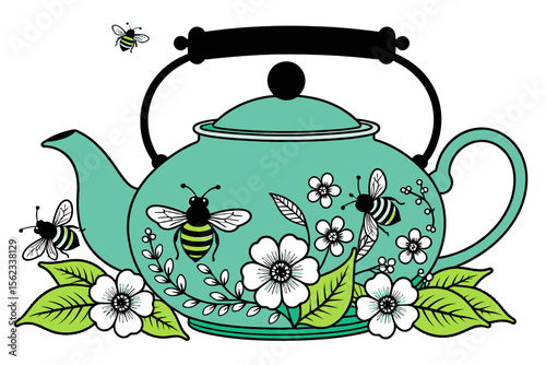 Teapot with Bees and Flowers Illustration- Whimsical Teal Teapot Design- Cute Bee Tea Party Graphic- Floral Tea Kettle Art- Decorative Teapot Image