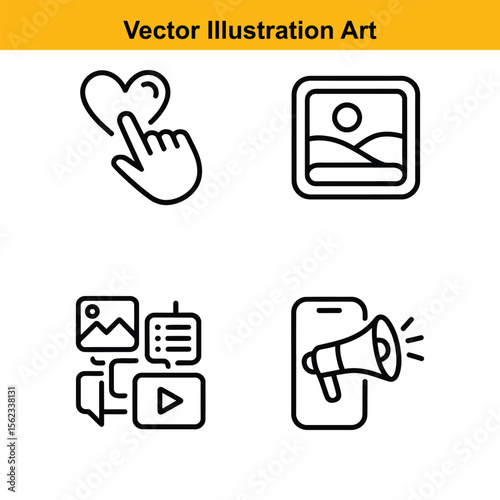 Vector art of icons depict social media and marketing isolated on white background
