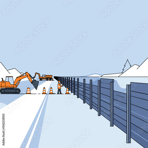 Snow fence installation setup with workers and machinery in winter landscape, vector illustration
