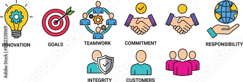Business core values vector illustration with innovation and teamwork icons