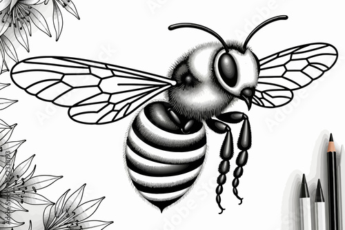 Bee Coloring Page for Adults-Intricate Bee Illustration for Relaxation-Downloadable Bee Line Art for Creative Coloring-Detailed Bee Drawing to Print and Color