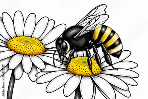 Bee on Daisies Illustration-Detailed Artwork of a Bumblebee Pollinating Flowers-Black and Yellow Insect on White Daisy Petals-Nature Inspired Art-Floral Theme