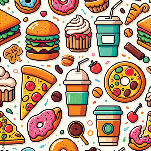 Seamless vector pattern of cute food icons like burger, pizza, coffee, and donuts. Bright colors, flat style, on white background.