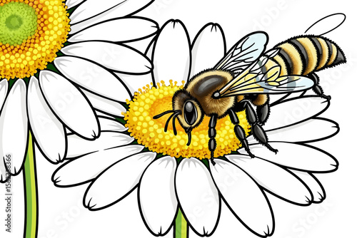 Bee on Daisy Illustration-Detailed Honeybee Gathering Pollen-Floral Art with Insect-Nature and Wildlife Image-Daisy Blossom with Bee Drawing