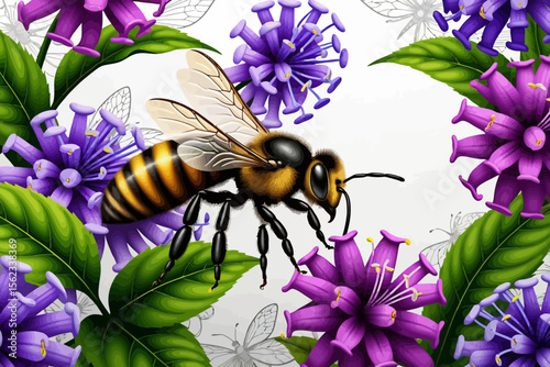 Bee on Purple Flowers Illustration-Detailed Honeybee with Floral Background-Nature Inspired Art-Pollination Scene-Floral Design-Wildlife Illustration