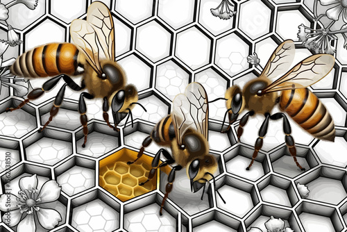 Bees on Honeycomb Illustration-Honeybees Collecting Nectar-Honey Production-Natural Sweetener-Beehive Graphic-Pollination-Healthy Food-Nature's Goodness-Honey Farm