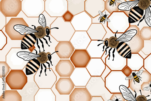 Bees on Honeycomb Background- Honeybee Illustration- Worker Bees and Honeycomb Pattern- Apiculture and Honey Production Theme