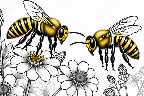 Bees Pollinating Flowers-Detailed Image of Two Honeybees Gathering Nectar from White Flowers-Floral Pattern with Bees and Blossoms-Black and White Art with Yellow Accents