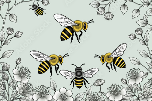 Buzzing Bees and Floral Harmony-Illustrative Image of Pollinating Bees in a Floral Border-Nature's Artistry-Honeybee Illustration-Delicate Floral Design