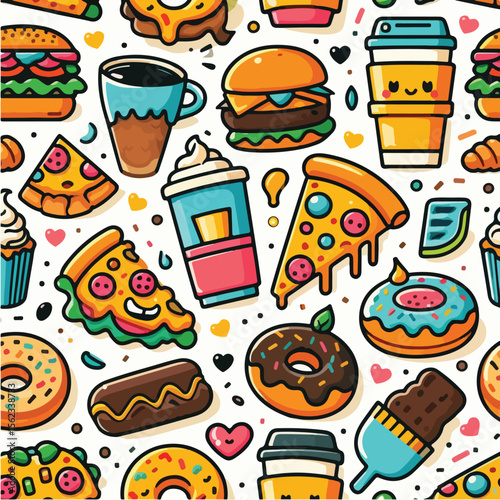Seamless vector pattern of cute food icons like burger, pizza, coffee, and donuts. Bright colors, flat style, on white background.
