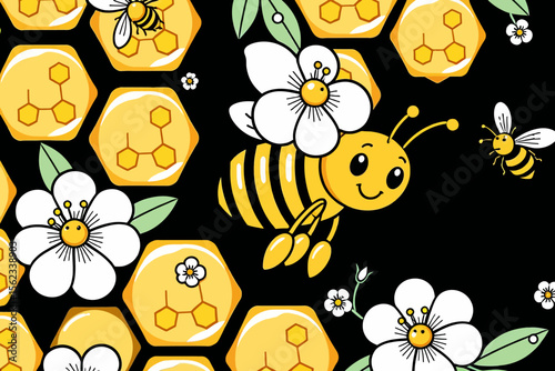 Cute Bee and Honeycomb Illustration- Cartoon Bees Flying Around Flowers- Honeycomb Pattern on Black Background- Perfect for Kids and Nature Lovers