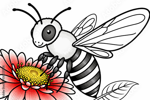 Cute Bee on Flower Illustration- Honeybee Pollinating Red Daisy- Cartoon Insect Graphic for Kids- Spring Nature Art- Printable Coloring Page