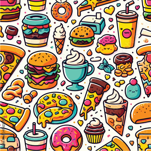 Seamless vector pattern of cute food icons like burger, pizza, coffee, and donuts. Bright colors, flat style, on white background.