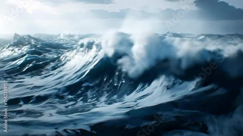 A dramatic seascape showcasing powerful waves crashing against each other under a moody sky, illustrating the raw beauty of nature and the dynamic energy of the ocean