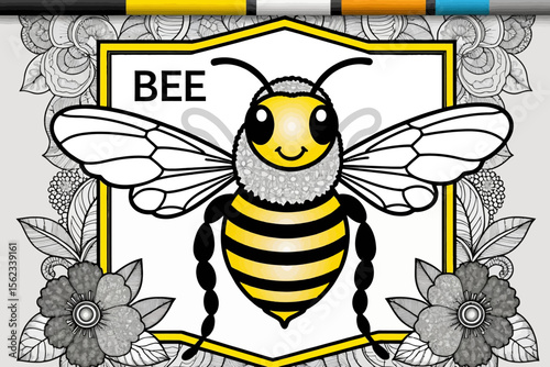 Cute Bee Illustration with Floral Details- Cartoon Bee with Honeycomb Pattern- Black and White Floral Background- Perfect for Children's Designs