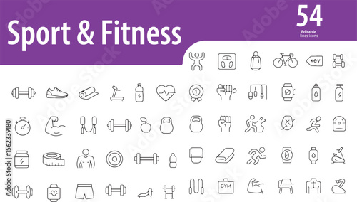 Sport and Fitness Line Icons, Dumbbell, Yoga Mat, Stopwatch, Treadmill, Running Shoe, Editable Formats: AI, EPS, JPG, PNG, Ideal for Both Digital and Print Use
