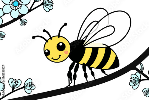 Cute Cartoon Bee on Branch- Spring Blossom Illustration- Whimsical Bee Art for Kids- Nature Inspired Design- Honeybee Character- Black and Yellow Stripes