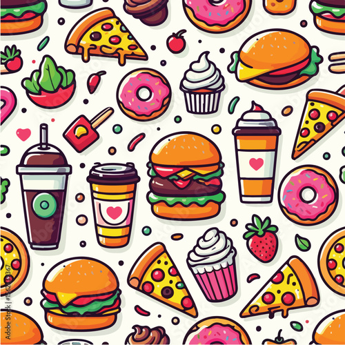 Seamless vector pattern of cute food icons like burger, pizza, coffee, and donuts. Bright colors, flat style, on white background.