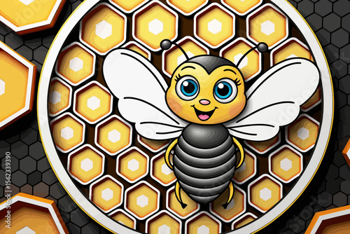 Cute Cartoon Bee Illustration- Whimsical Honeycomb Background- Adorable Bee Character with Big Eyes- Perfect for Kids Art and Bee Themed Designs