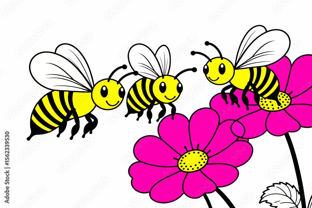 Fototapeta premium Cute Cartoon Bees on Pink Flowers Illustration - Children's Art Print - Honey Bee Graphic Design - Springtime Drawing for Kids- Bee artwork