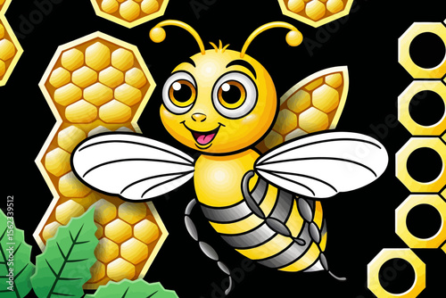 Cute Cartoon Bee with Honeycomb Background-Adorable Bee Illustration for Kids-Cartoon Bee Art Print for Children-Bee and Honeycomb Design-Whimsical Bee Artwork