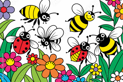 Cute Cartoon Bees and Ladybugs in a Flower Garden Illustration - Whimsical Insect Art for Kids - Colorful Nature Scene with Smiling Bugs and Floral Designs