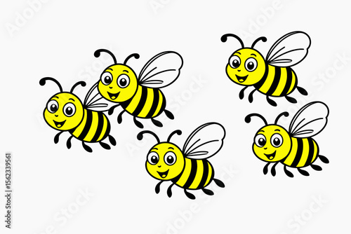 Cute Cartoon Bees Illustration- Flying Honey Bees with Happy Faces- Vector Art for Kids and Nature Lovers- Whimsical Bee Clipart Design