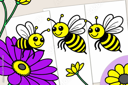 Cute Cartoon Bees on Flowers- Springtime Coloring Page Illustration- Happy Bumblebees for Kids- Nature Themed Art- Printable Activity- Vector Graphics