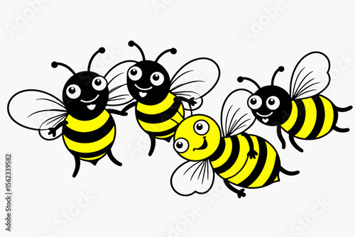 Cute Cartoon Bees Illustration-Happy Bees Flying Together-Honey Bee Clipart for Kids-Adorable Bee Characters with Stripes-Fun Bee Graphics for Creative Projects