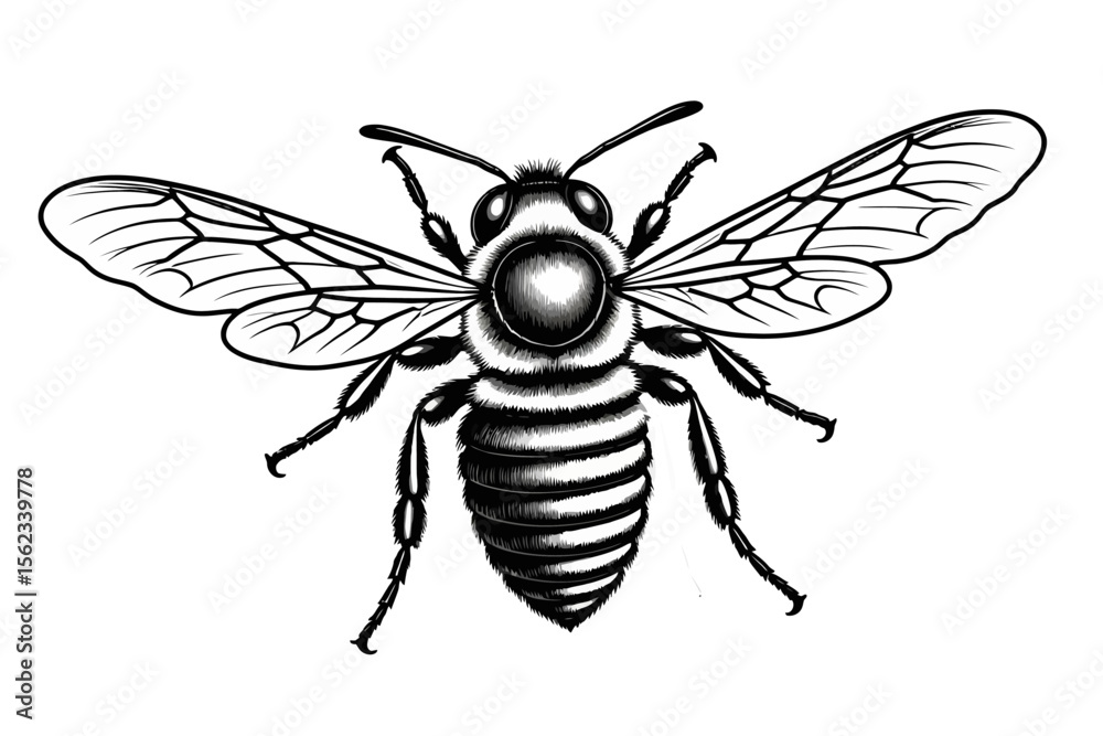 Obraz premium Detailed Bee Illustration- Black and White Honeybee Graphic- Entomology Art Print- Insect Drawing for Nature Lovers- Bee Anatomy Study