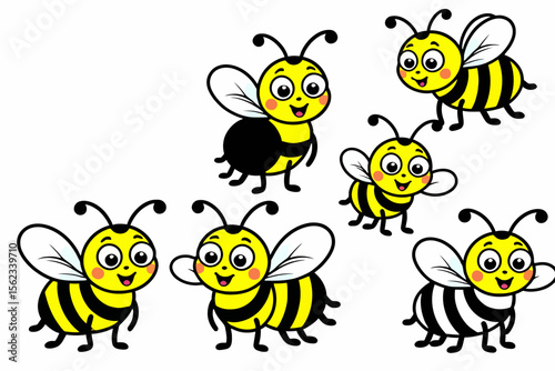 Cute Cartoon Bees- Smiling Honey Bees Illustration- Vector Image of Happy Bumblebees- Ideal for Kids Designs- Springtime Bee Graphics