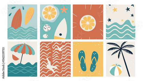 Whimsical Summer Illustrations Set Surfboards Lemon Waves Beach Umbrella Flip Flops Palm Tree