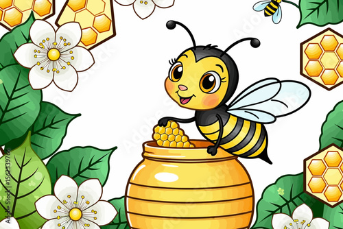 Cute Honey Bee Illustration-Bee Character Holding Honeycomb-Cartoon Bee with Honey Jar and Flowers-Vector Artwork-Adorable Bee Design