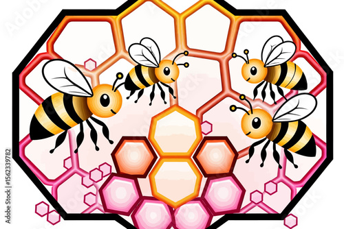 Cute Honey Bees with Honeycomb-Cartoon Bees Making Honey-Beehive with Happy Bees-Illustration of Bees in Their Natural Habitat-Bees and Honeycomb Art