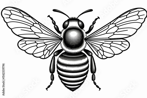 Detailed Bee Illustration- Black and White Honeybee Graphic- Intricate Wing Veins- Fuzzy Body Texture- Nature Artwork- Insect Drawing- Pollinator Image