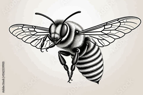 Detailed Bee Illustration-Black and White Honeybee Drawing-Flying Insect Artwork-Artistic Bee Image for Design-Wildlife Illustration