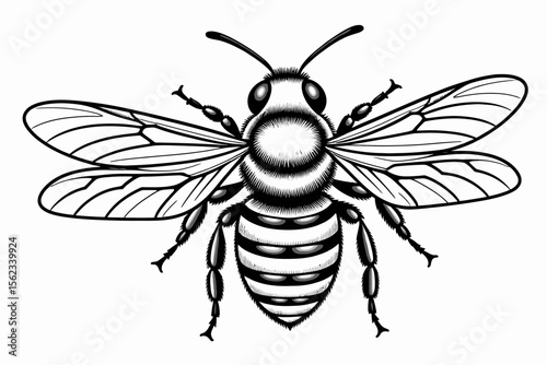 Detailed Bee Illustration-Black and White Insect Art-Honeybee Drawing with Intricate Wing Patterns-Nature Inspired Graphic Design Element