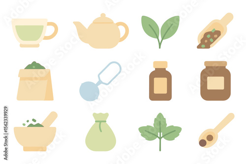 Herbal tea essentials vector illustration: flat style for print and design