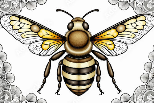 Detailed Bee Illustration-Close-up of a Honeybee with Yellow Wings-Bee Art with Floral Border-Nature Inspired Insect Drawing-Wildlife Artwork-Brown and Black Bee Pattern