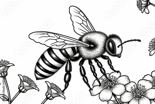 Detailed Bee Illustration-Black and White Line Art of Honeybee on Flowers-Beautiful Insect Drawing-Nature Inspired Artwork-Perfect for Coloring Books
