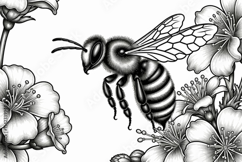 Detailed Bee Illustration-Black and White Drawing of a Bee in Flight-Botanical Art Featuring a Honeybee with Floral Accents-Nature Inspired Artwork