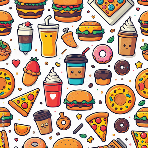 Seamless vector pattern of cute food icons like burger, pizza, coffee, and donuts. Bright colors, flat style, on white background.